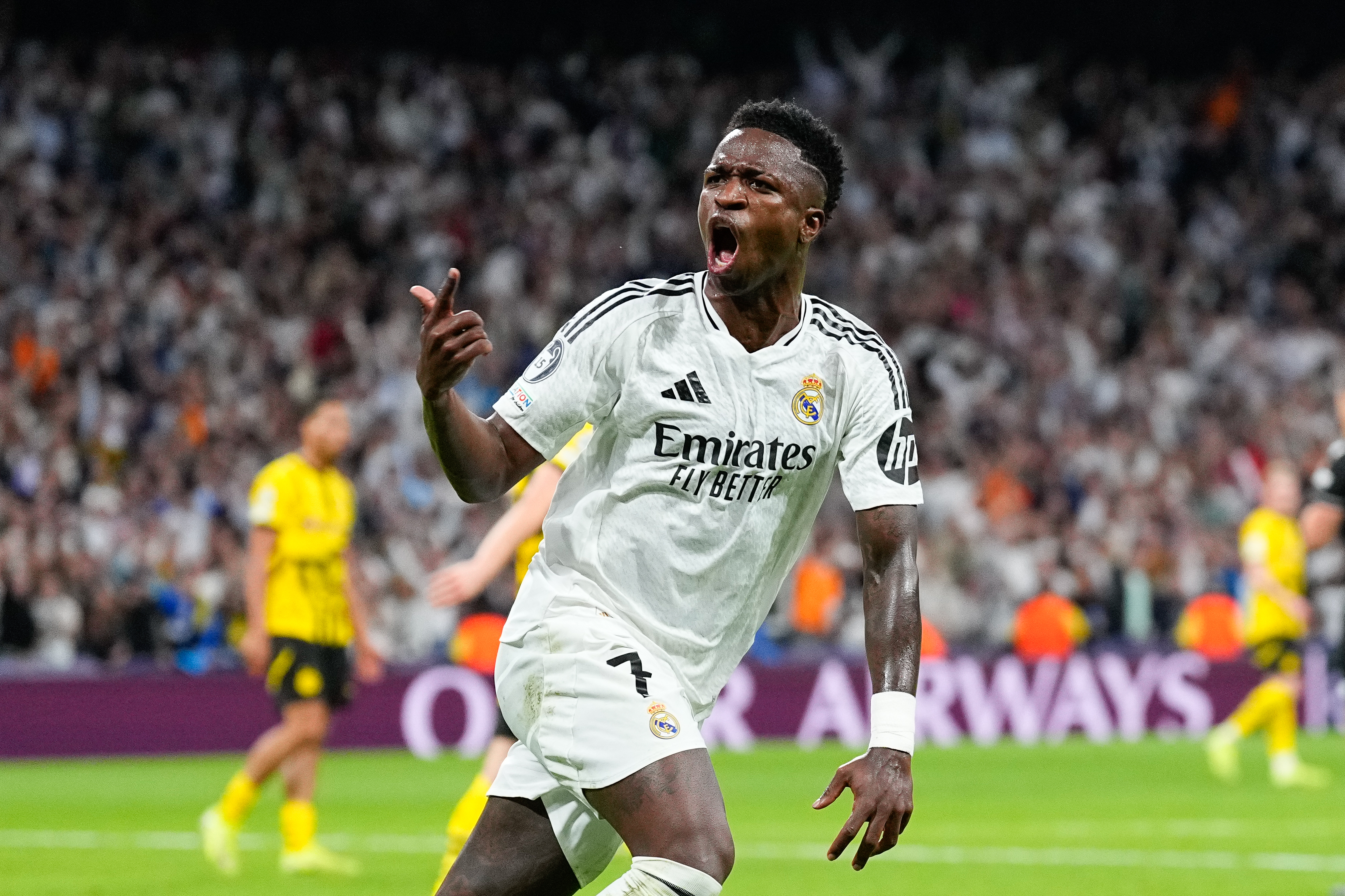 Vinicius Junior celebrates after scoring for Real Madrid against Borussia Dortmund in October 2024.