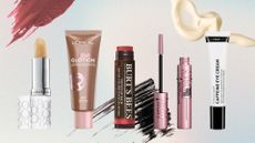 A collage of beauty products celebs and MUAs use from brands including Elizabeth Arden, L'Oréal Paris, Burt's Bees, Maybelline & The Inkey List, all arranged on a blurred, multi-coloured background with stock images of makeup swatches.