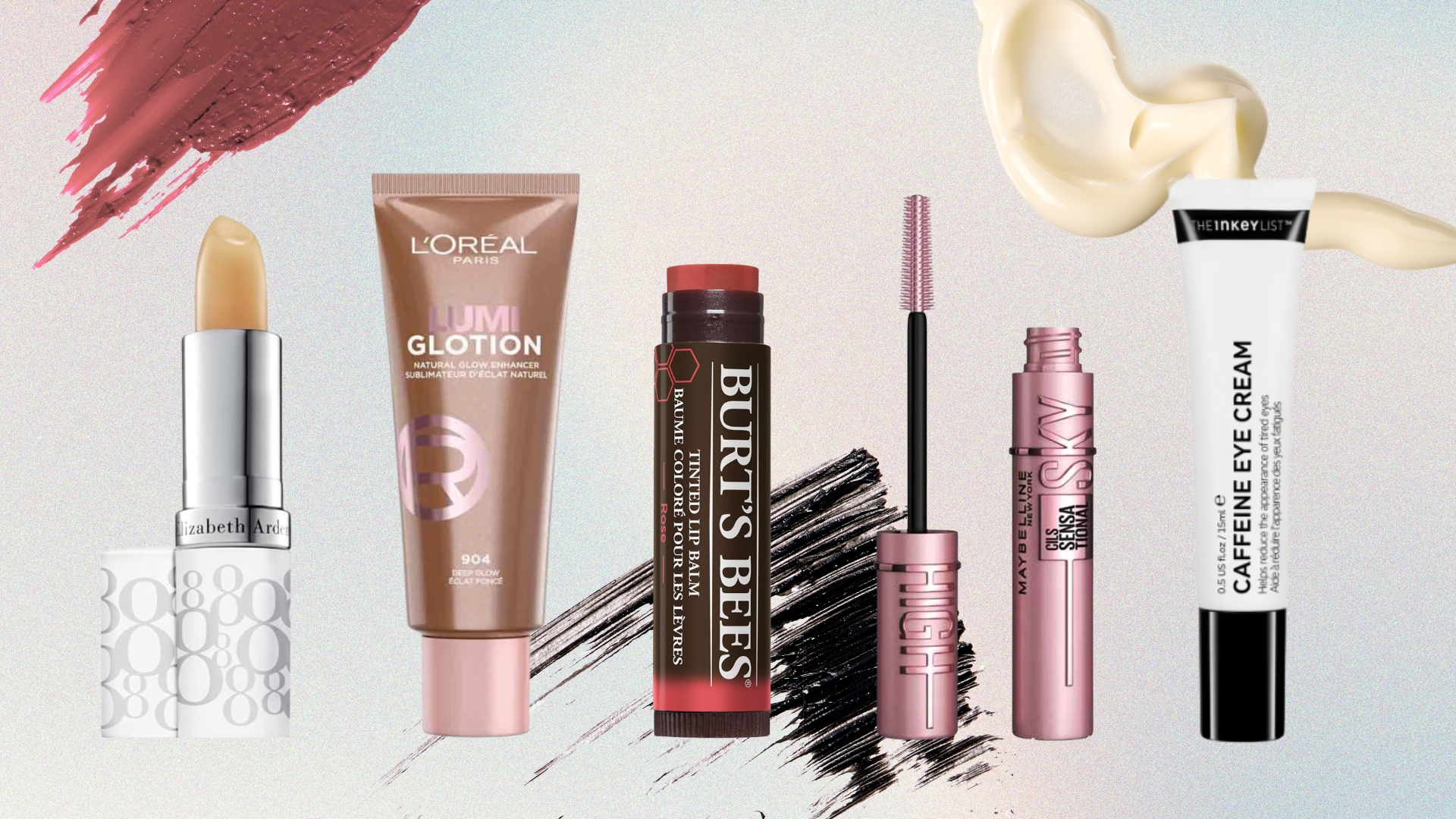 A collage of beauty products celebs and MUAs use from brands including Elizabeth Arden, L'Or&eacute;al Paris, Burt's Bees, Maybelline &amp; The Inkey List, all arranged on a blurred, multi-coloured background with stock images of makeup swatches.