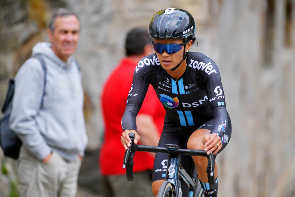 CASCATE DEL TOCE ITALY JULY 05 Coryn Rivera of United States and Team DSM during the 32nd Giro dItalia Internazionale Femminile 2021 Stage 4 a 112km Individual Time Trial from Fondovalle to Cascate Del Toce 1714m ITT GiroDonne UCIWWT on July 05 2021 in Cascate Del Toce Italy Photo by Luc ClaessenGetty Images