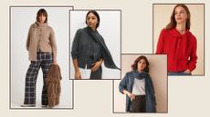 four models wearing cardigans with scarves 