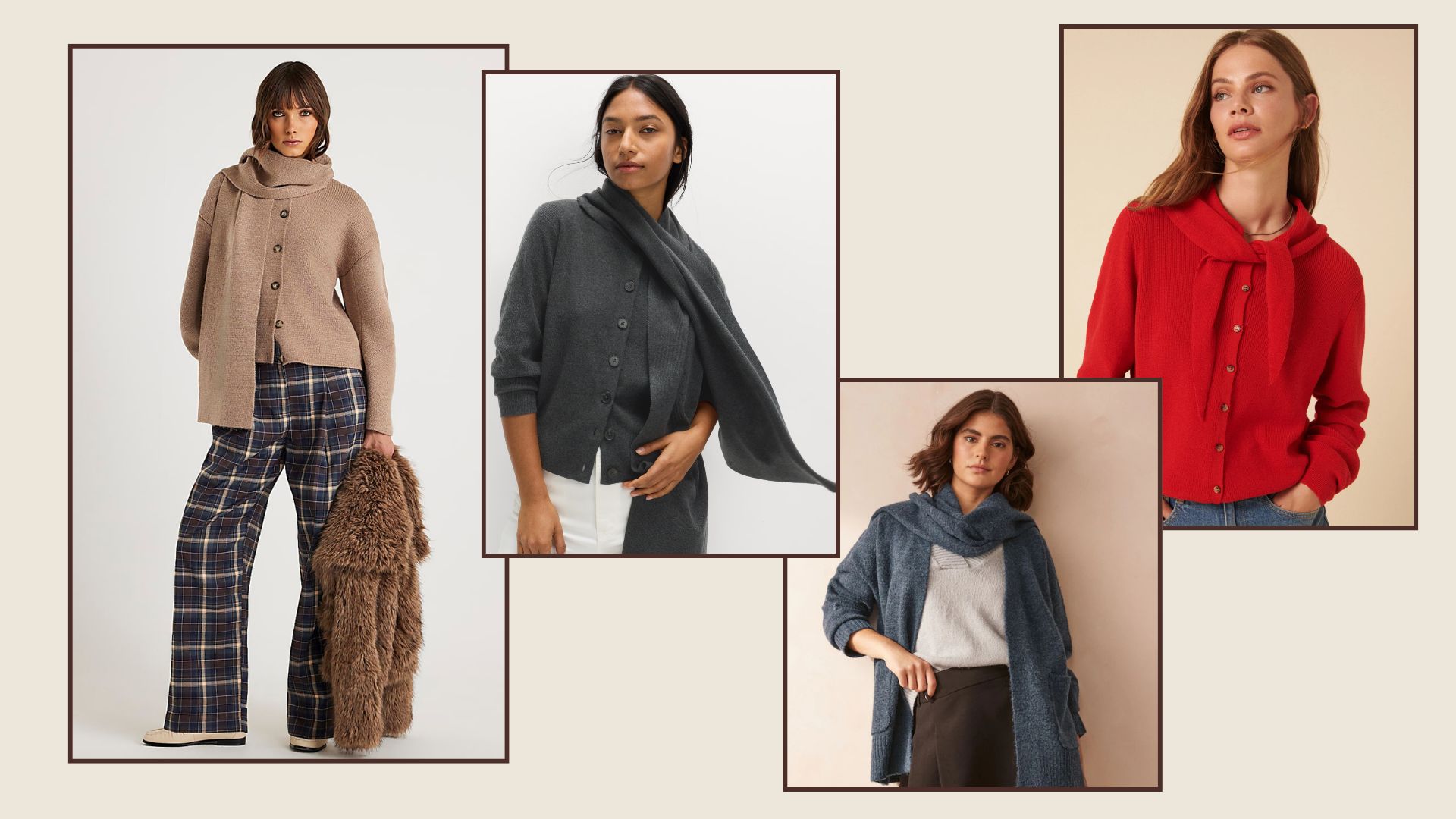 four models wearing cardigans with scarves