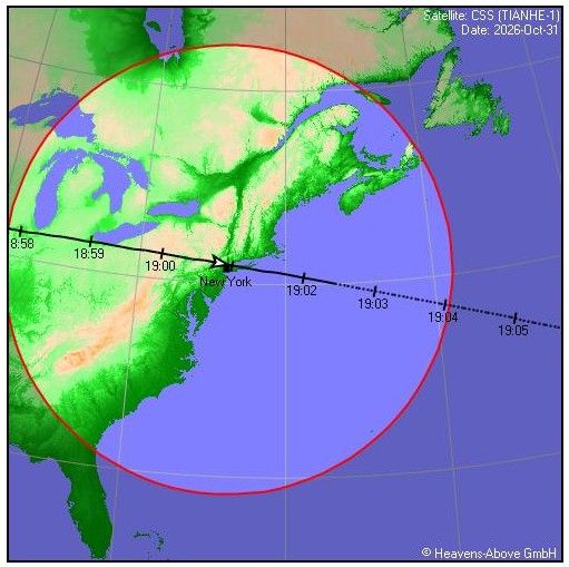 map showing the path of Tiangong space station across the US on Oct. 31.