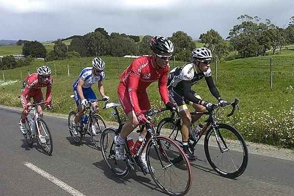 A break of four riders formed early into stage five (l-r): William Clarke (Praties), Nathan Haas (DiscoverTasmania.com/TIS), Rhys Pollock (Drapac Porsche), and Richard Lang (Budget Forklifts).