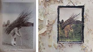 The cover of Led Zeppelin IV, plus a photograph of the man who appears in painted form on the album, carrying sticks on his back 