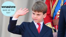 Prince Louis of Wales waves on the balcony of Buckingham Palace during Trooping The Colour 2025, with a W&H Quiz of the Day roundel over the top