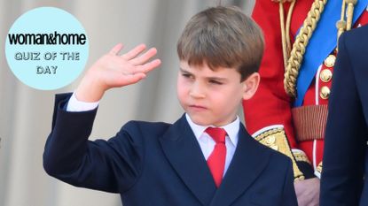 Prince Louis of Wales waves on the balcony of Buckingham Palace during Trooping The Colour 2025, with a W&H Quiz of the Day roundel over the top