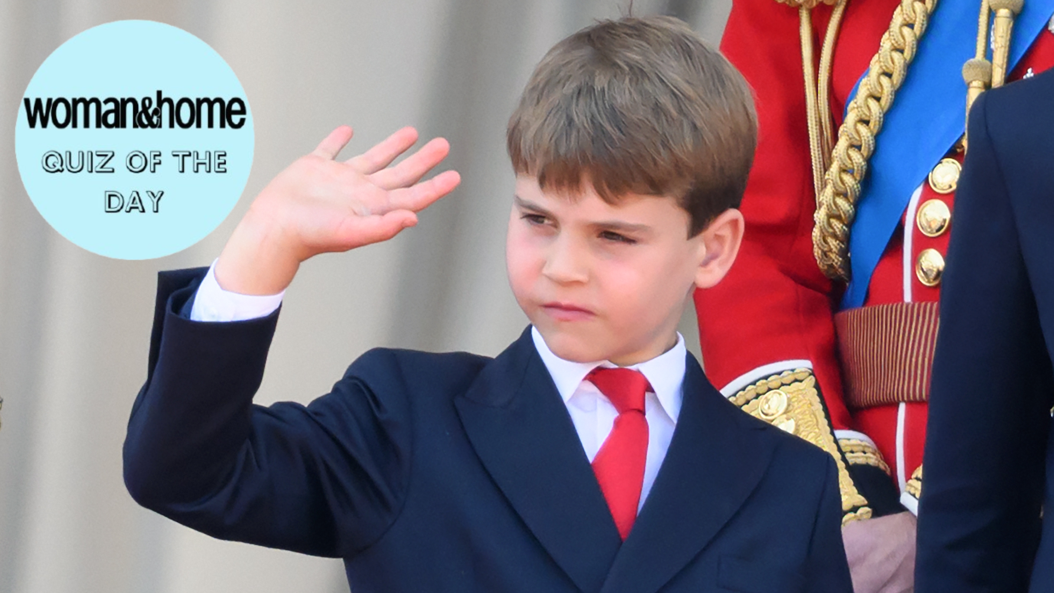 Prince Louis of Wales waves on the balcony of Buckingham Palace during Trooping The Colour 2025, with a W&amp;H Quiz of the Day roundel over the top