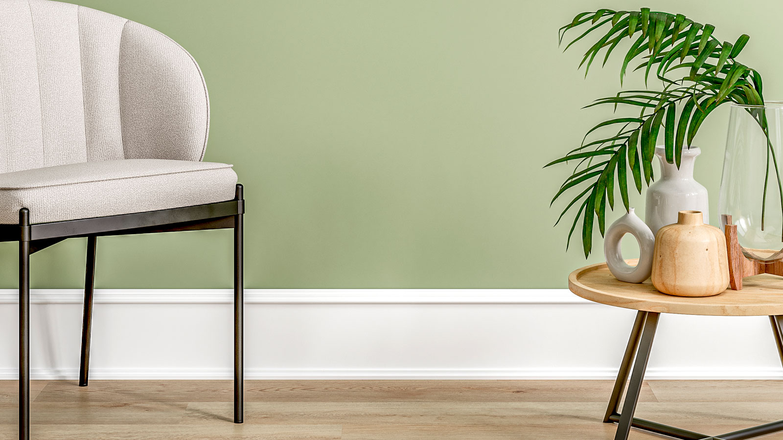 Green wall with white skirting board heating, wooden floor and contemporary furniture