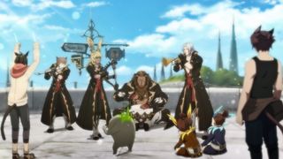 A band playing in Final Fantasy 14's plaza