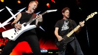 James Hetfield (L) and Jason Newsted of Metallica perform during night one of the band's 30th Anniversary at The Fillmore on December 5, 2011 in San Francisco, California. 