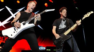 James Hetfield (L) and Jason Newsted of Metallica perform during night one of the band's 30th Anniversary at The Fillmore on December 5, 2011 in San Francisco, California. 