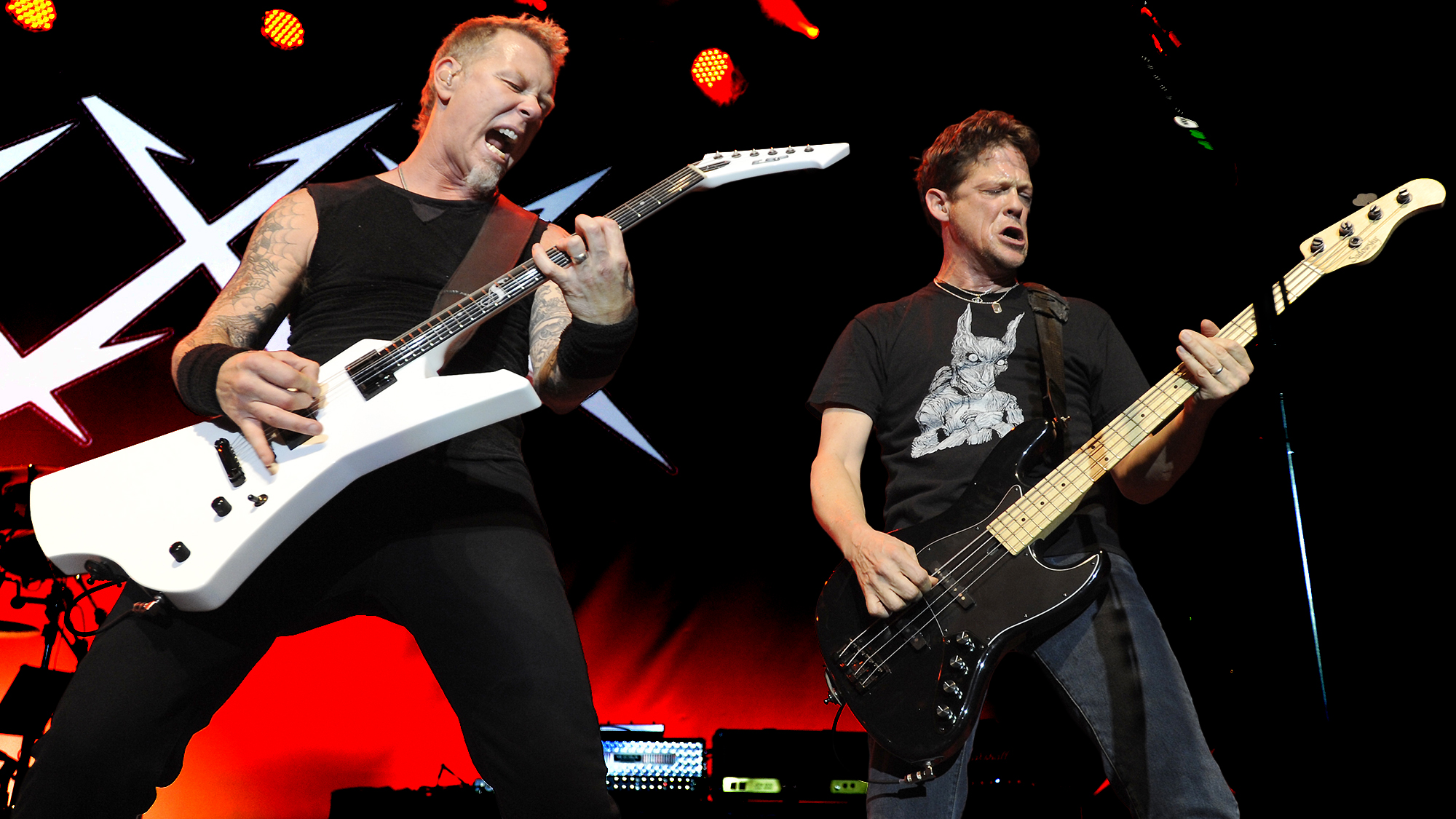 James Hetfield (L) and Jason Newsted of Metallica perform during night one of the band's 30th Anniversary at The Fillmore on December 5, 2011 in San Francisco, California. 