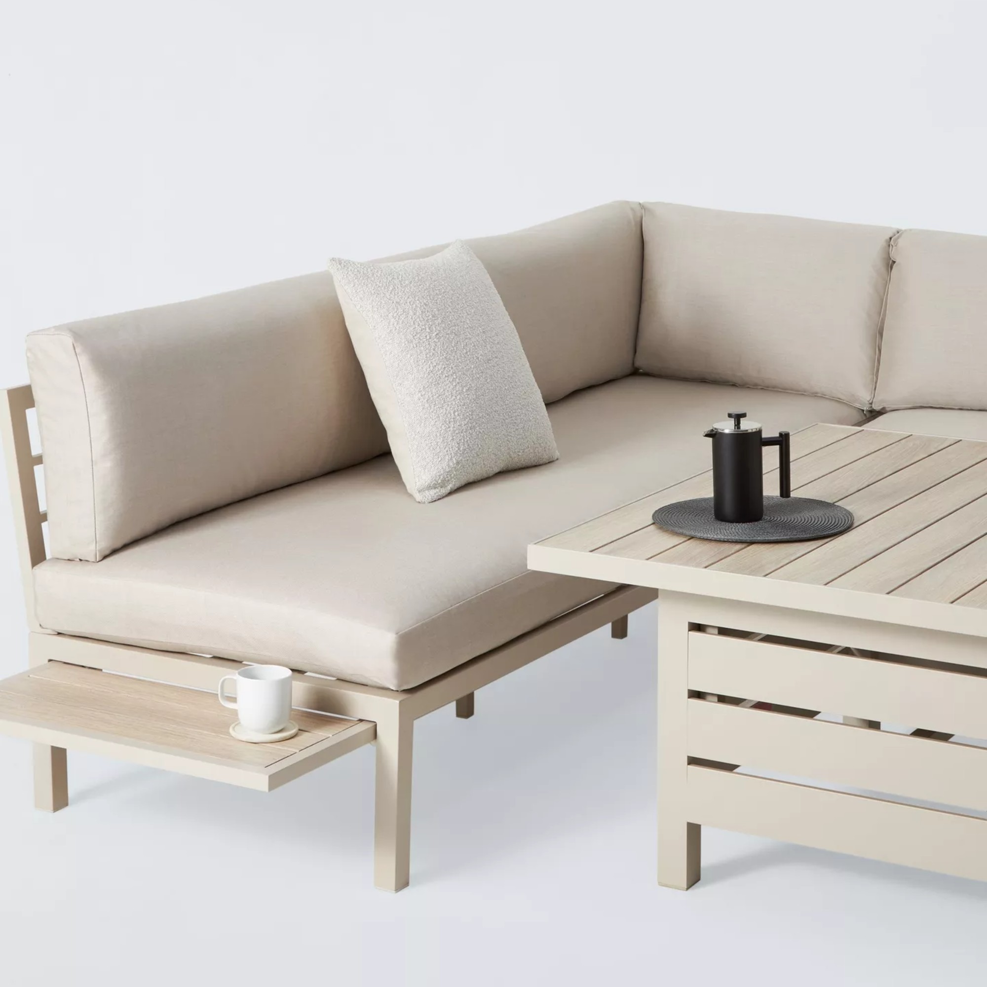 John Lewis Platform 8-Seater Corner Garden Dining Lounge Set with Height-Adjustable Table, Taupe close up