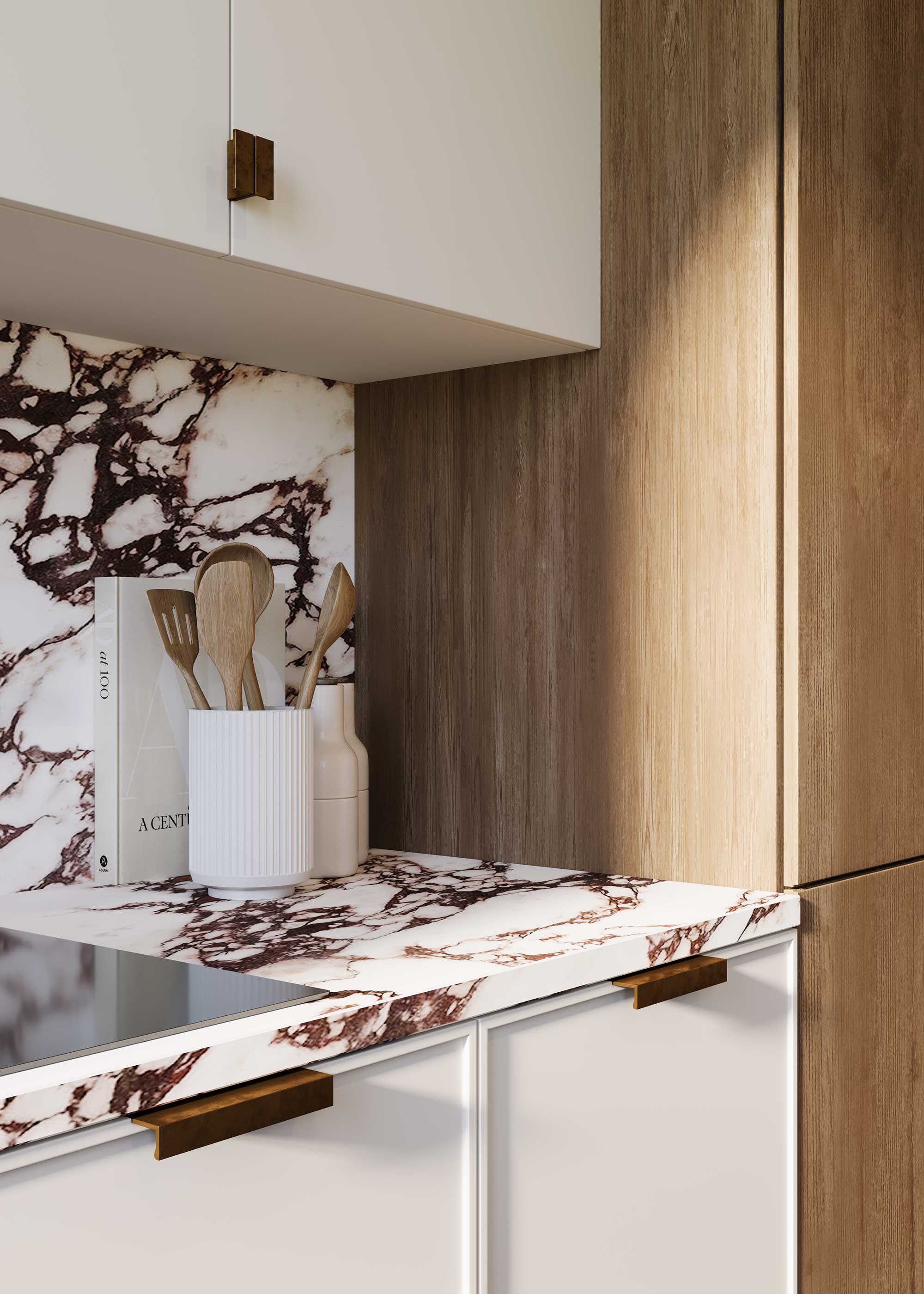 brown and white marble worktops and backsplash
