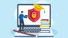 An illustration of a cybersecurity student standing on a laptop, with a pencil, a pile of books, and a shield with a mortarboard on it representing cybersecurity professionalization.