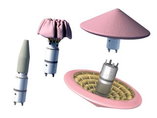 These NASA images depict the Inflatable Re-entry Vehicle Experiment (IRVE-3) packed into a nose cone.