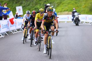LUZ ARDIDEN FRANCE JULY 15 Jonas Vingegaard of Denmark and Team JumboVisma White Best Young Rider Jersey Richard Carapaz of Ecuador and Team INEOS Grenadiers Tadej Pogaar of Slovenia and UAETeam Emirates Yellow Leader Jersey Sepp Kuss of The United States and Team JumboVisma in the Breakaway during the 108th Tour de France 2021 Stage 18 a 1297km stage from Pau to Luz Ardiden 1715m LeTour TDF2021 on July 15 2021 in Luz Ardiden France Photo by Tim de WaeleGetty Images
