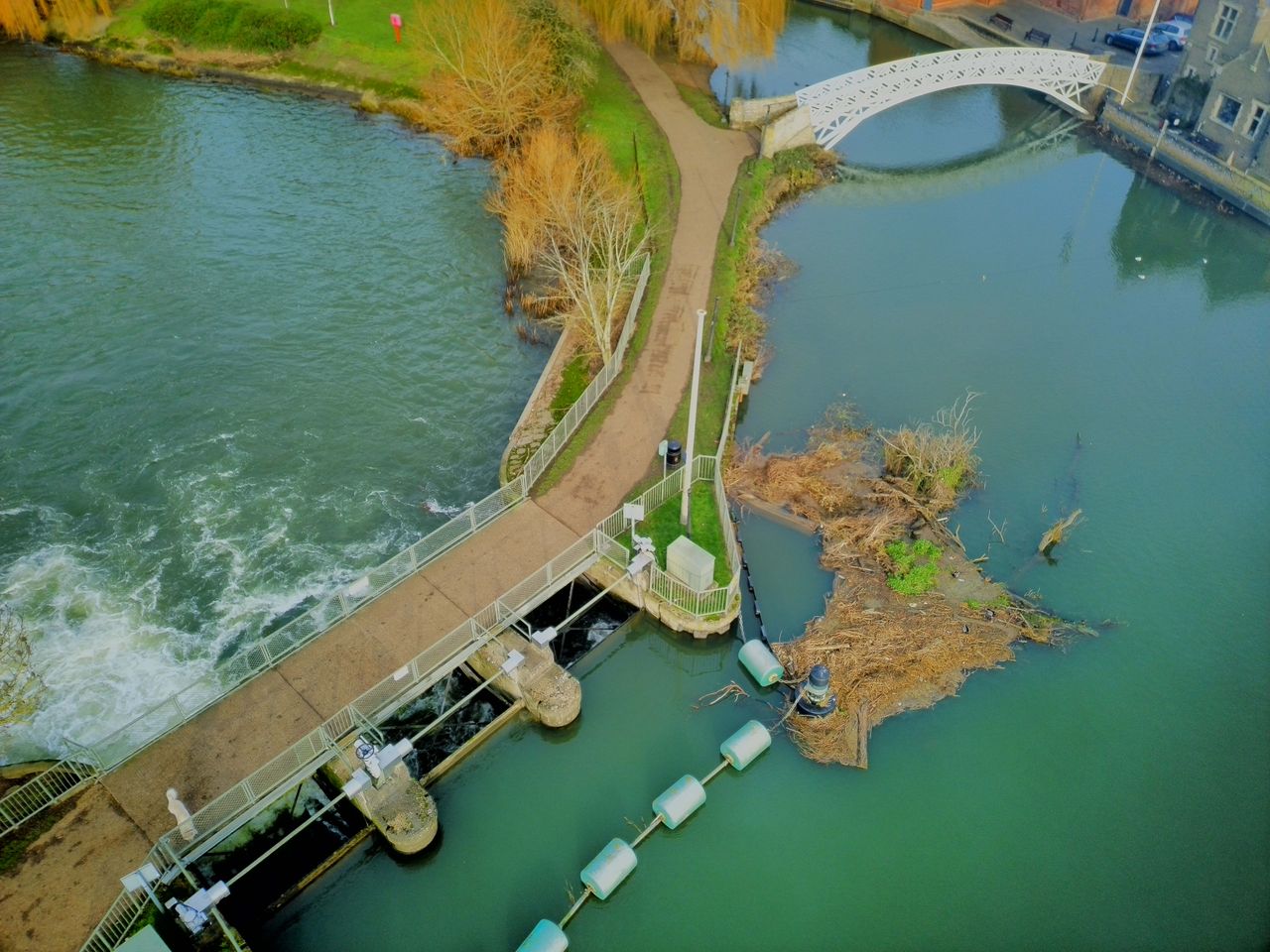 Drone shot of a bridge over a river