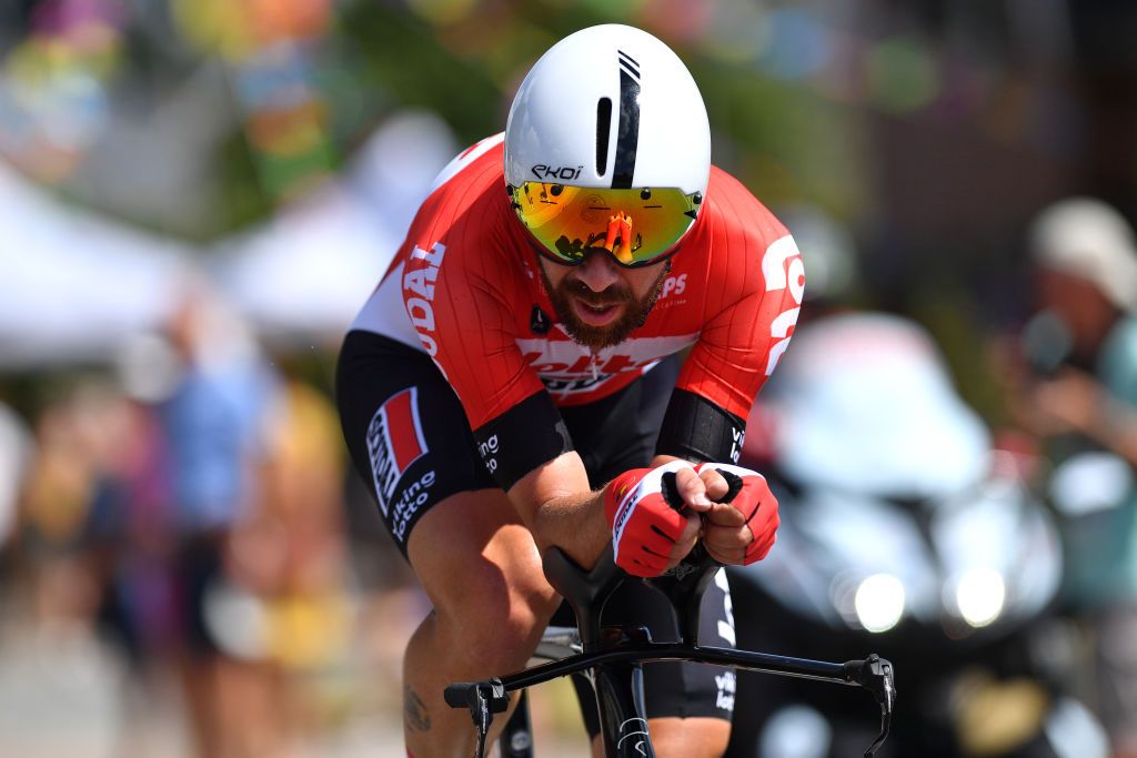 GAVERE BELGIUM JUNE 23 Thomas De Gendt of Belgium sprints during the 123rd Belgian Road Championship 2022 Mens Individual Time Trial a 348km individual time trial one day race from Gavere to Gavere ITT BelgianCycling140 on June 23 2022 in Gavere Belgium Photo by Luc ClaessenGetty Images
