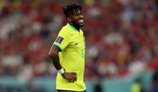 Fred of Brazil looks on during the FIFA World Cup Qatar 2022 Group G match between Brazil and Serbia at Lusail Stadium on November 24, 2022 in Lusail City, Qatar.