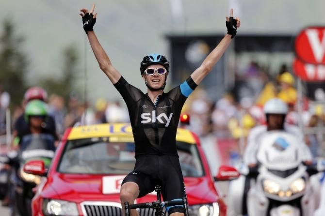Chris Froome (Sky) soloed to victory at Ax 3 Domaines and took over the Tour de France lead on the first day in the Pyrenees.