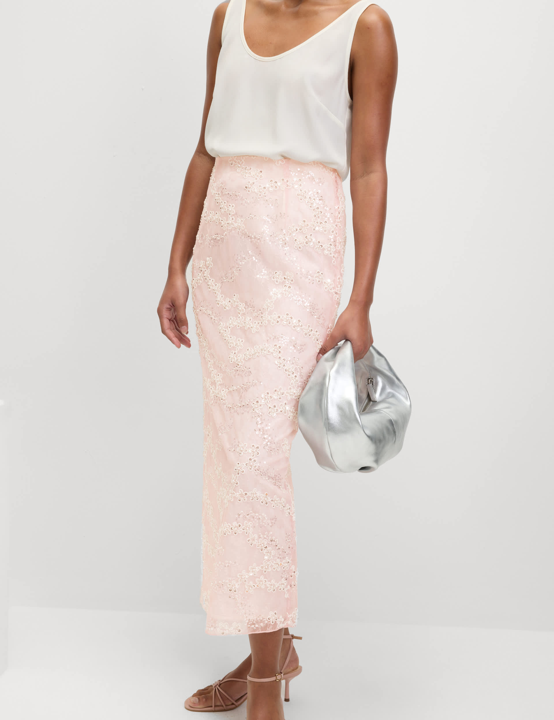 Sequin Floral Midi Slip Skirt