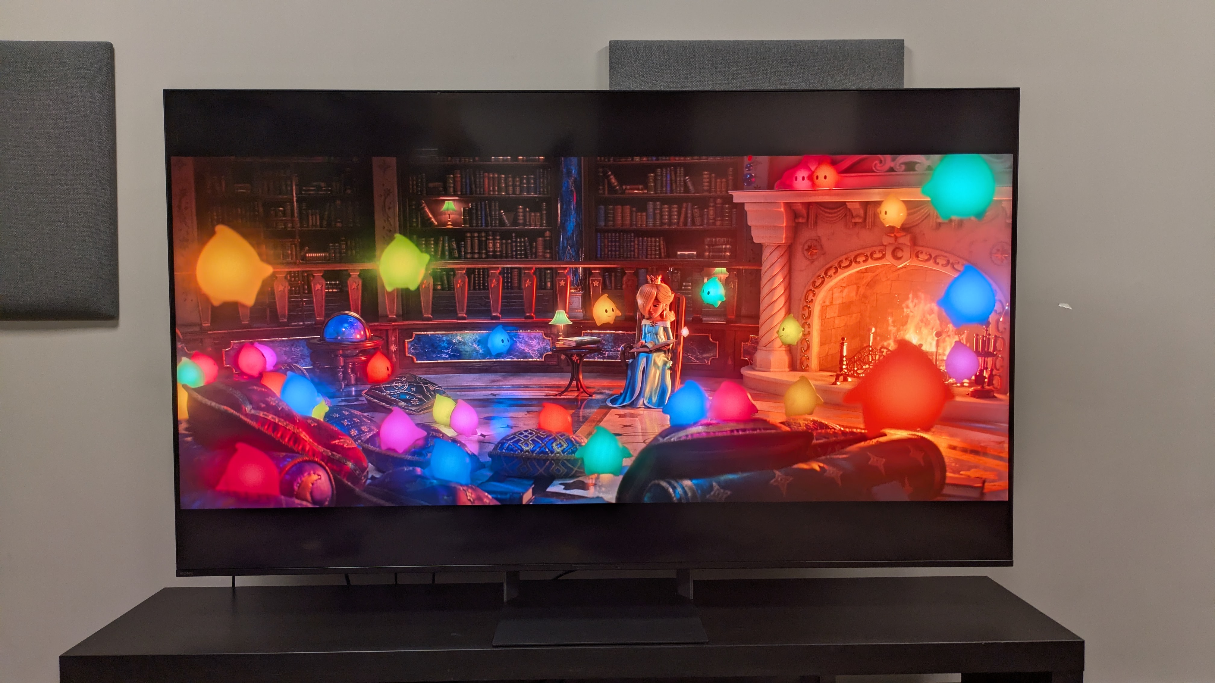 Sony Bravia 7 II with a shot of the Lumas and Rosalina by a fire from The Super Mario Galaxy Movie. Colors look bright, rich and punchy on the Bravia 7 II