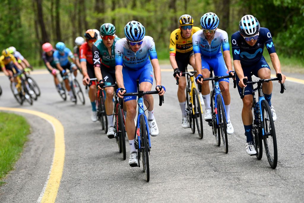 GENOA ITALY MAY 19 LR Lucas Hamilton of Australia and Team BikeExchange Jayco and William Barta of United States and Movistar Team compete in the breakaway during the 105th Giro dItalia 2022 Stage 12 a 204km stage from Parma to Genova Giro WorldTour on May 19 2022 in Genoa Italy Photo by Tim de WaeleGetty Images