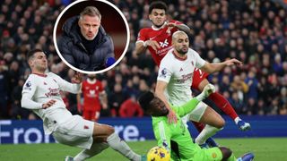 Jamie Carragher Luis Diaz of Liverpool has a shot blocked by Sofyan Amrabat and Andre Onana of Manchester United during the Premier League match between Liverpool FC and Manchester United at Anfield on December 17, 2023 in Liverpool, England. (Photo by Clive Brunskill/Getty Images)