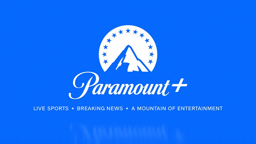 Paramount+ logo on blue background with text that says live sports, breaking news, a mountain of entertainment