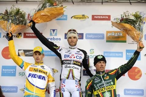 The men's podium: Kevin Pauwels (Telenet-Fidea Cycling Team), 2nd; Niels Albert (BCKP - Powerplus), 1st; Sven Nys (Landbouwkrediet - Colnago), 3rd.