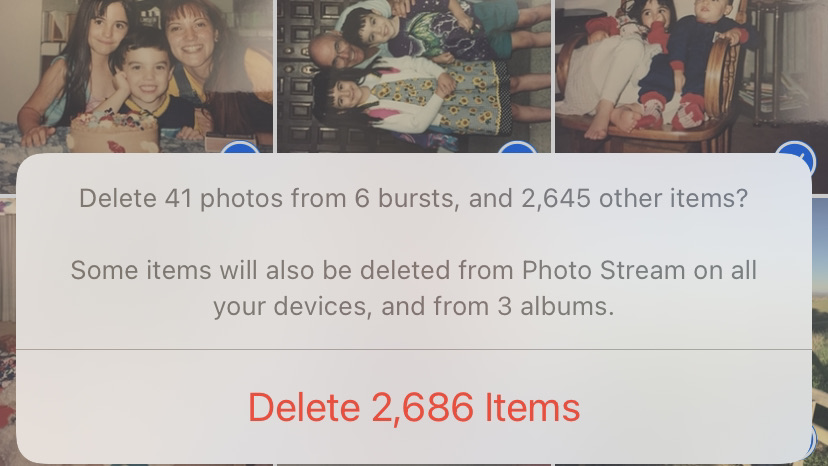 A prompt asking if I really want to delete over 2000 photos