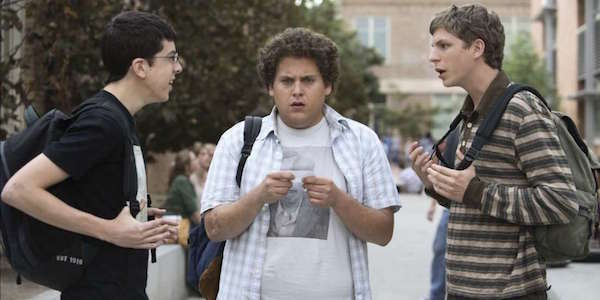 Christopher Mintz-Plasse as Fogell, Jonah Hill as Seth and Michael Cera as Evan