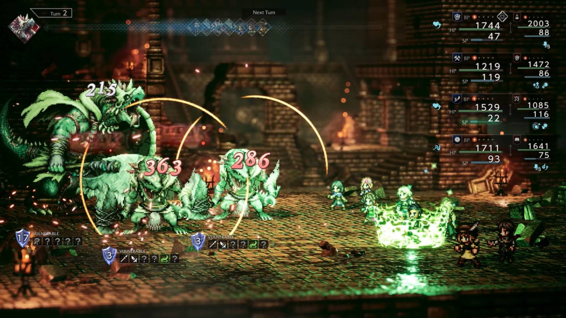 Octopath Traveler 0 combat screenshot shows a battle between the party and a group of lizard-like foes.