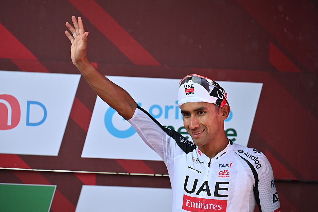 UAE Team Emirates-XRG's Ecuadorian rider Jhonatan Narvaez celebrates on the podium after winning the third stage, 157,4 km from Bad Ragaz to Bad Ragaz, of the Men&amp;rsquo;s Tour of Switzerland (Tour de Suisse) cycling race in Bad Ragaz on June 19, 2026. (Photo by HAROLD CUNNINGHAM / AFP)