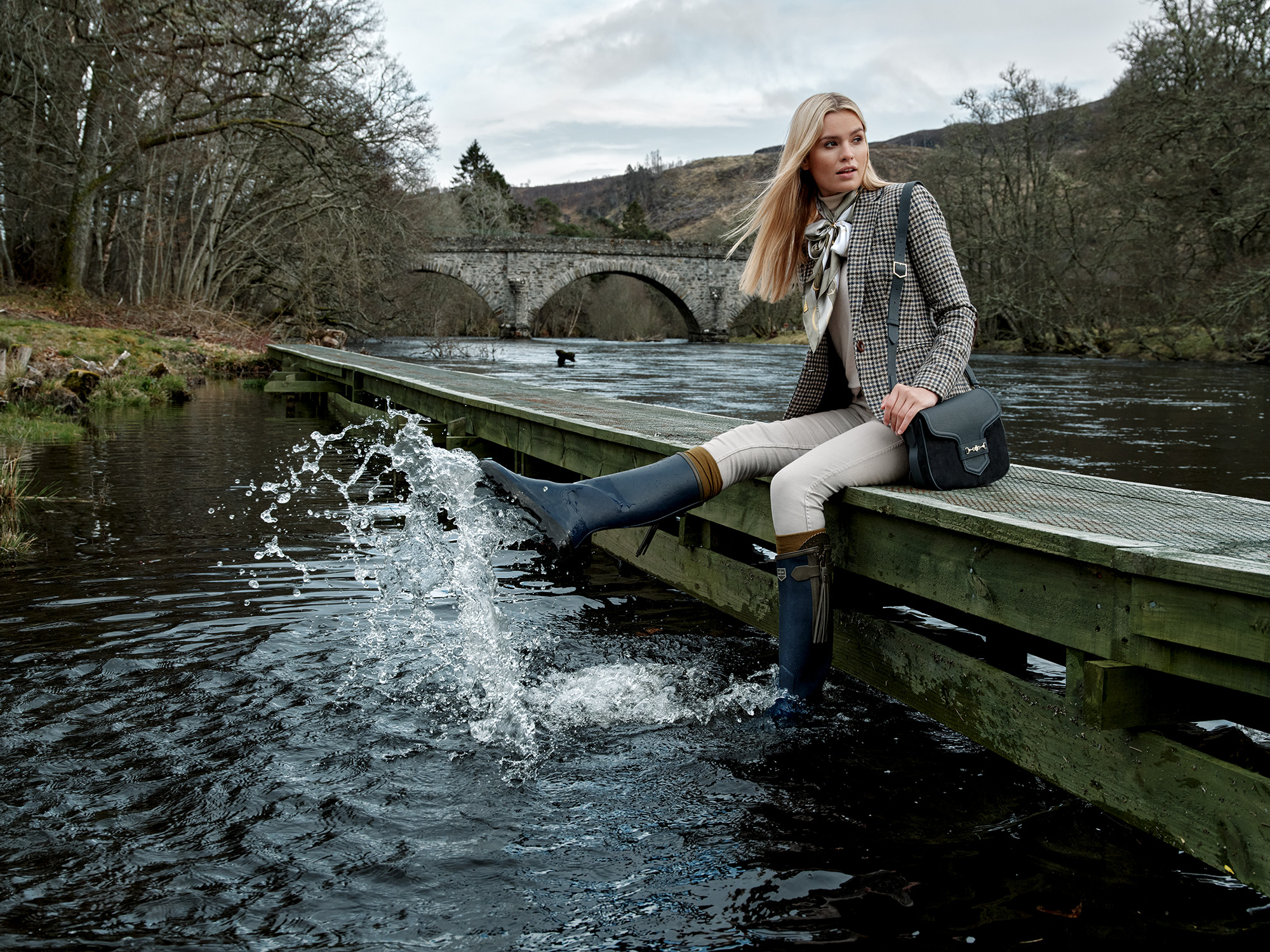Fairfax &amp;amp; Favor x Le Chameau L&amp;rsquo;Alliance lifestyle shot with boots in water