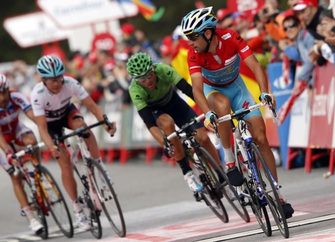 Vuelta leader Vincenzo NIbali (Astana) leads his GC rivals across the finish line for fourth place on the day