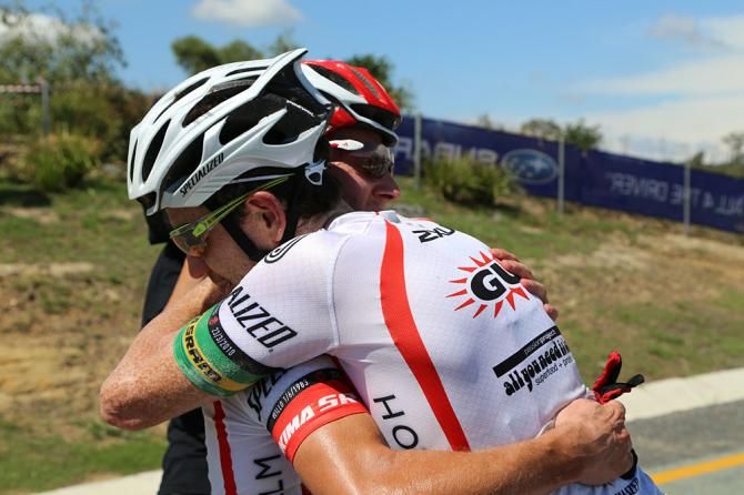 Teammates Andy Blair and Shaun Lewis celebrate