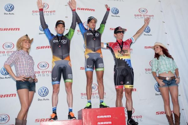 Men's stage two podium at the Sea Otter Classic with winner Matt Cooke (Team Exergy), Morgan Schmitt (Team Exergy) and Andy Jacques-Maynes (Kenda-5 Hour Energy.)