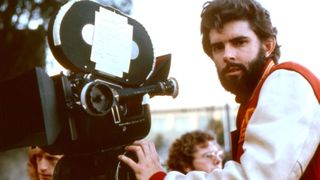 American Graffiti Director George Lucas behind camera on the set of his classic 1973 movie.