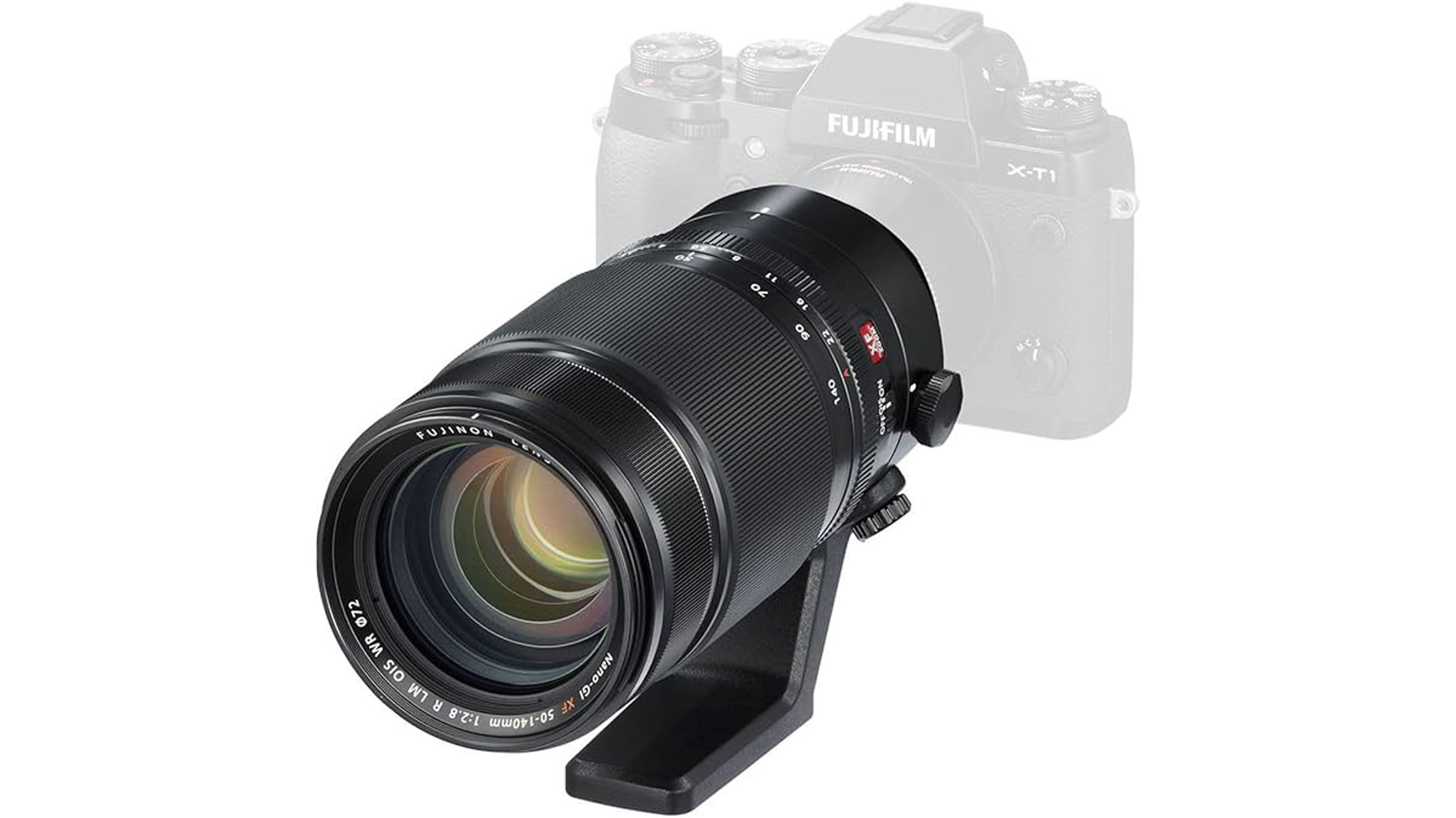 A diagram showing the Fujifilm XF 50-140mm f/2.8 R LM OIS WR lens if it were attached to a Fujifilm X-T1