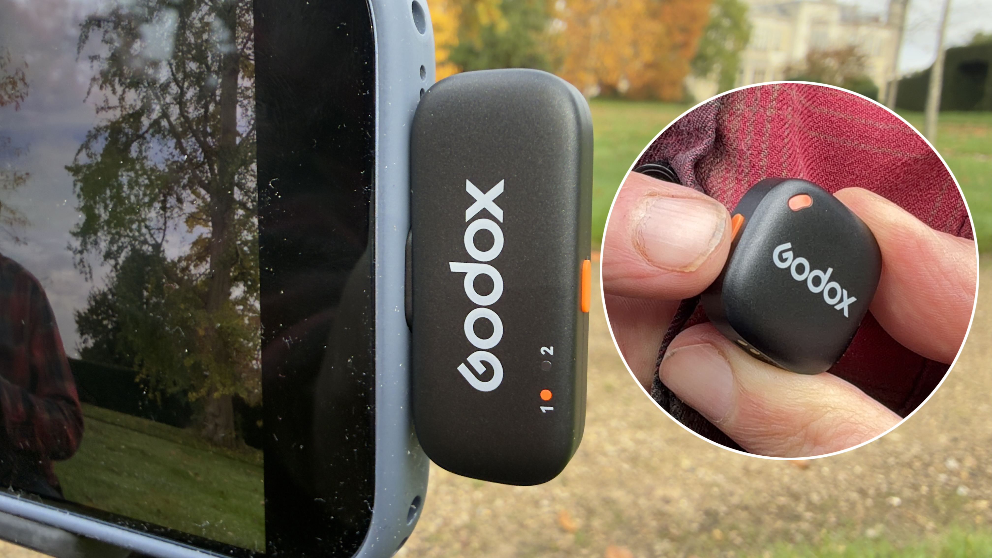 Shot of the receiver with the orange noise cancellation indicator visible. An insert shows the orange light shining on the transmitter.