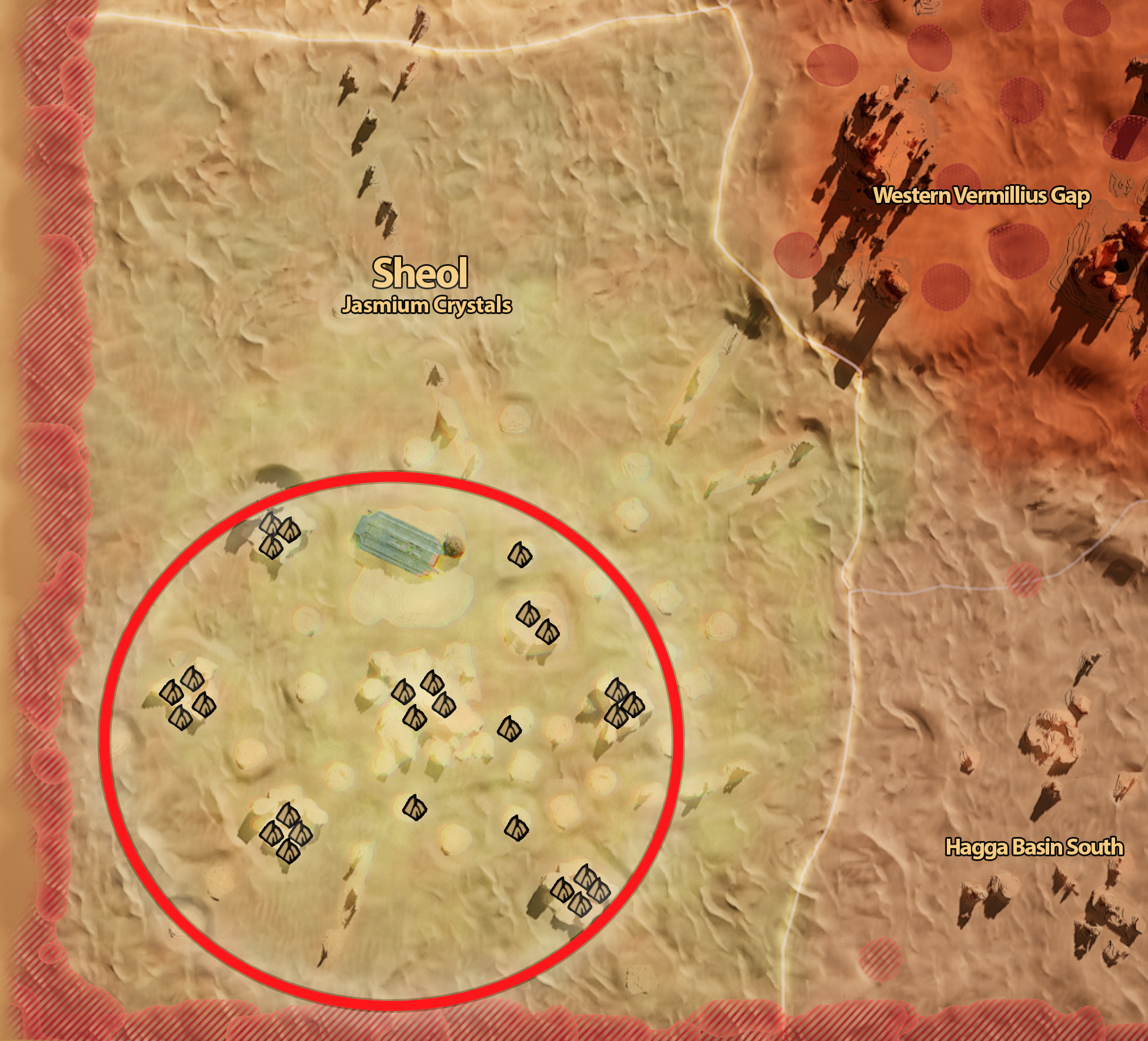 A map of Sheol in Dune: Awakening. There are little rock-shaped dots on the map, highlighting general locations for where you can find Jasmium Crystals.