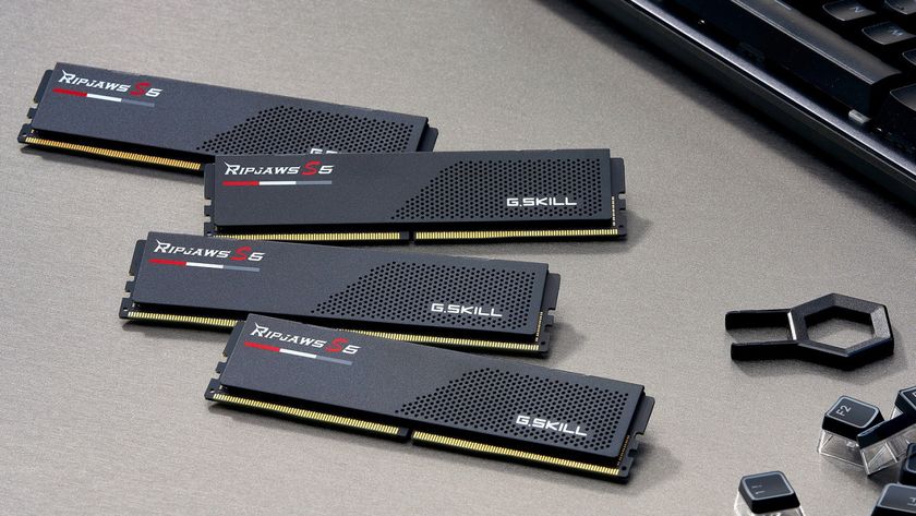 G.Skill&#039;s DDR5 Ripjaws S5 memory modules on a steel bench