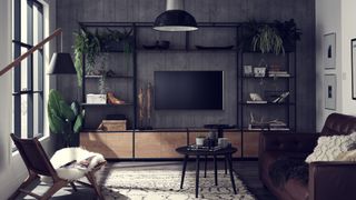 black open shelving media wall unit in grey living room