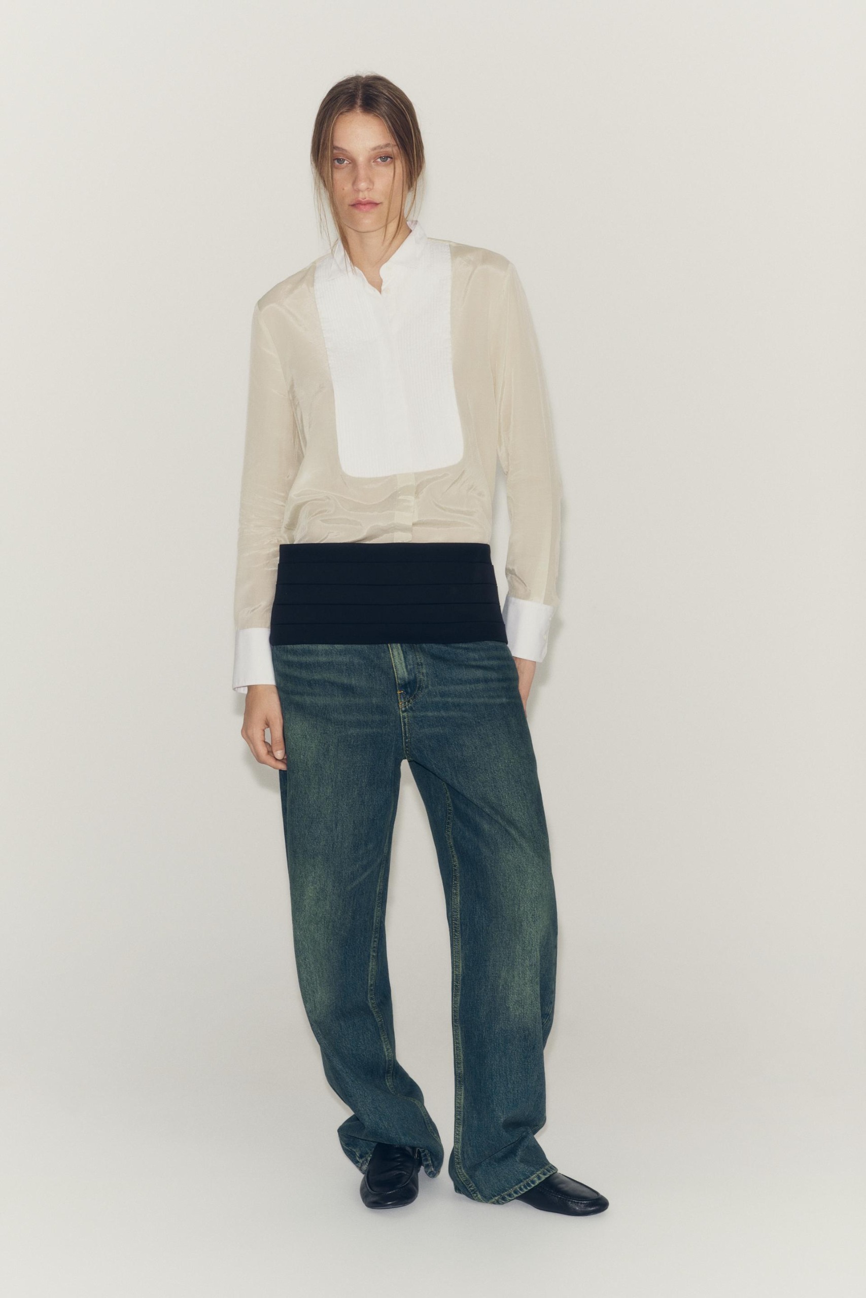 Zw Collection Contrast Bib Shirt - Beige / Green - Xs