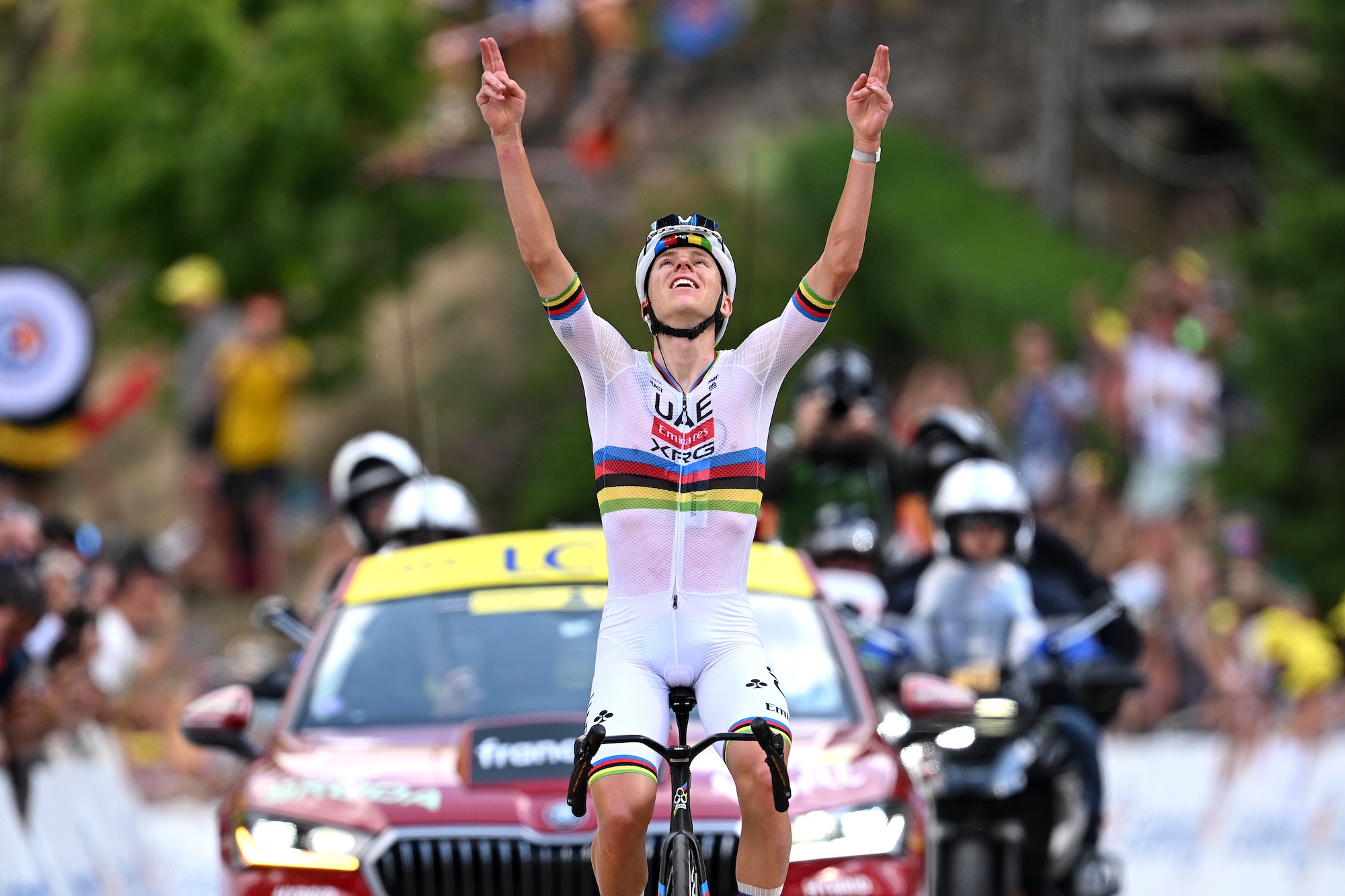 Tadej Pogacar of UAE Team Emirates - XRG points to the sky in celebration after winning stage 6 of the 113th Tour de France 2026 (Photo by Tim de Waele/Getty Images)