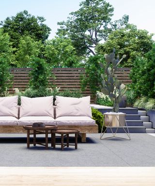 Patio With Sofa, Coffee Table, Cactus Plant And Garden View Background