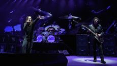 (L-R) Ozzy Osbourne, Tommy Clufetos, and Tony Iommi perform onstage as Black Sabbath on "The End Tour" at Nikon at Jones Beach Theater on August 17, 2016 in Wantagh, New York